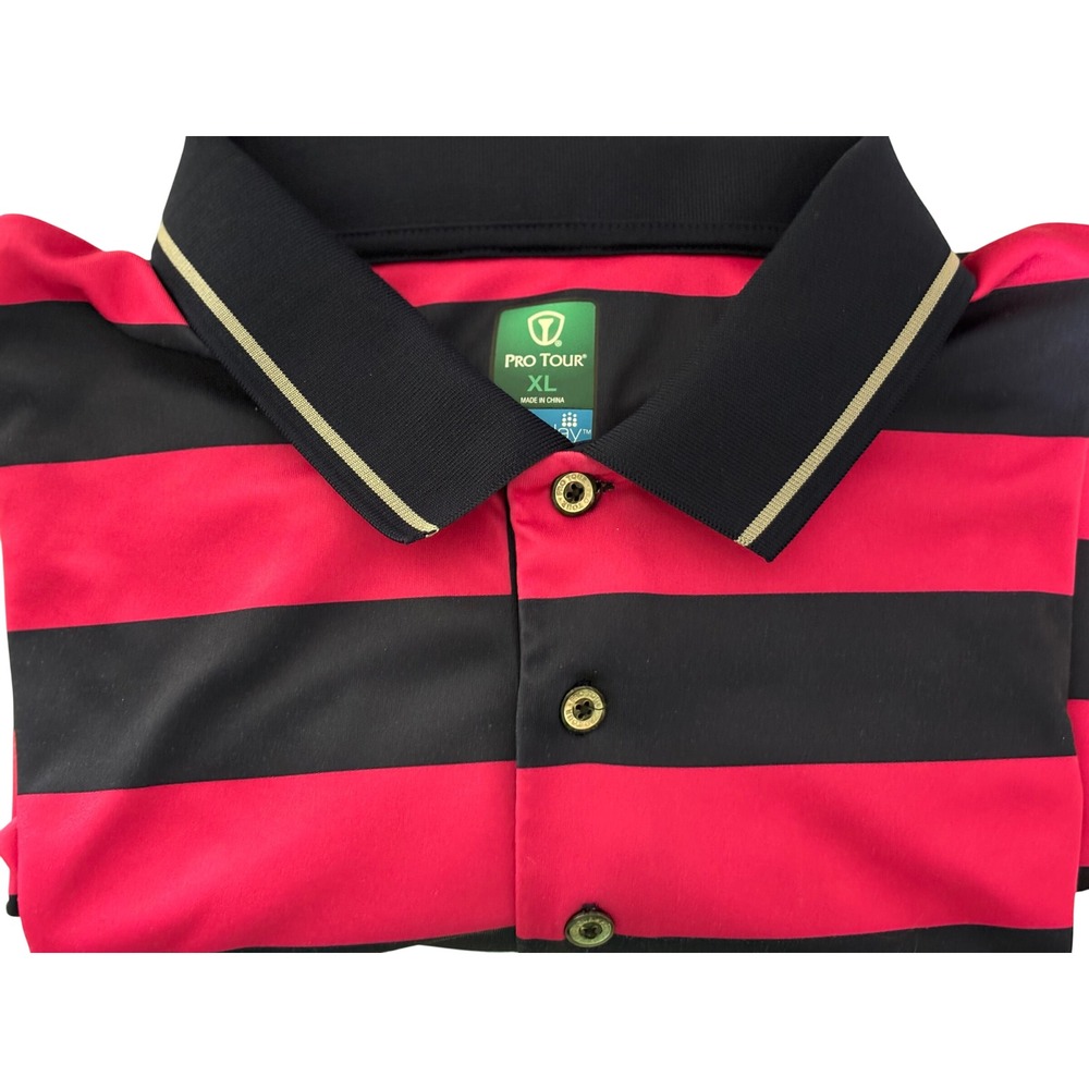 Pro Tour Polo Shirt Mens XL Pink Navy Blue Striped Coolplay Short Sleeve EUC